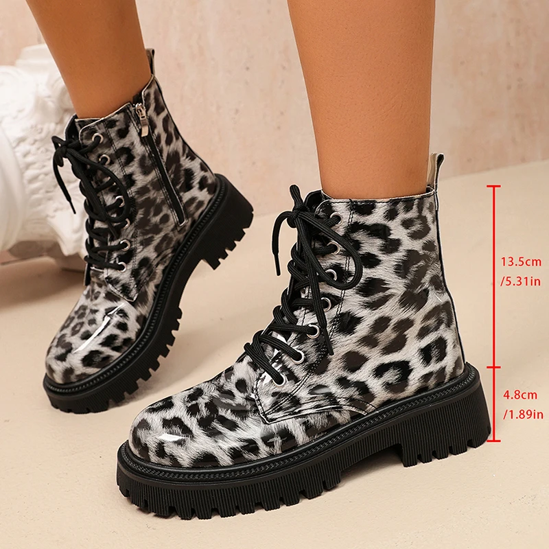 Fashion Leopard Print Platform Ankle Boots Women 2026 Autumn Patent Leather Thick Heeled Short Boots Woman Plus Size 42 Booties