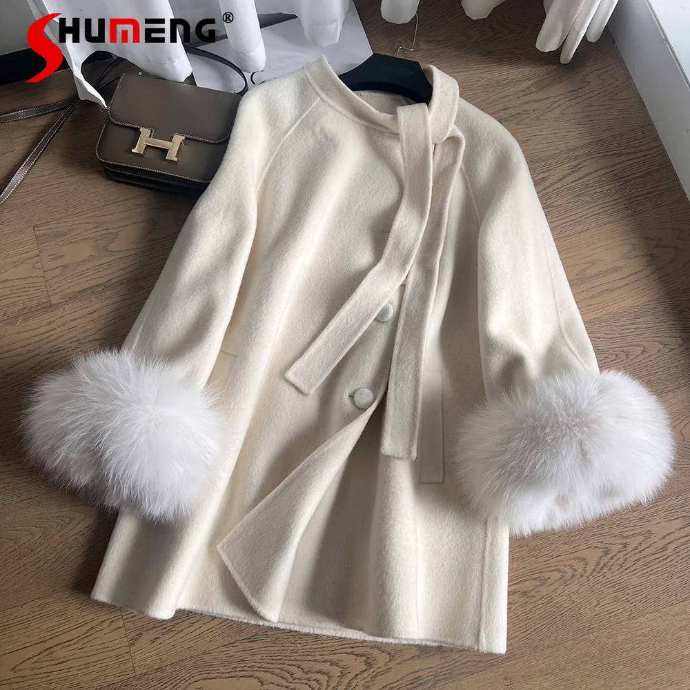 

Fashionable Loose Comfortable Fox Fur Sleeve Atmospheric Elegant Long Sleeve Solid Color Wool Overcoats Women's Clothes