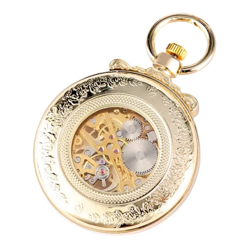 Vintage Golden Mechanical Pocket Watch Movement Roman Numerals Pendant Fob Chain Anique Clock Hours Men Women Xmas Gifts