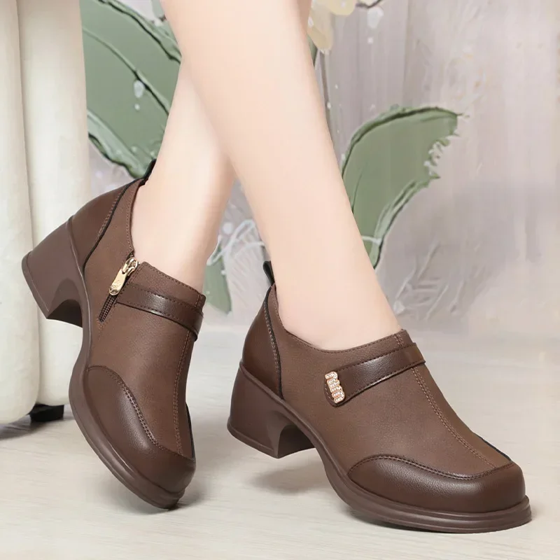 2024 New Slip On Spring Soft Shoes Woman Vintage Ladies Dress Pumps Thick High Heels Platform Shoes Retro Brown Daily Mom