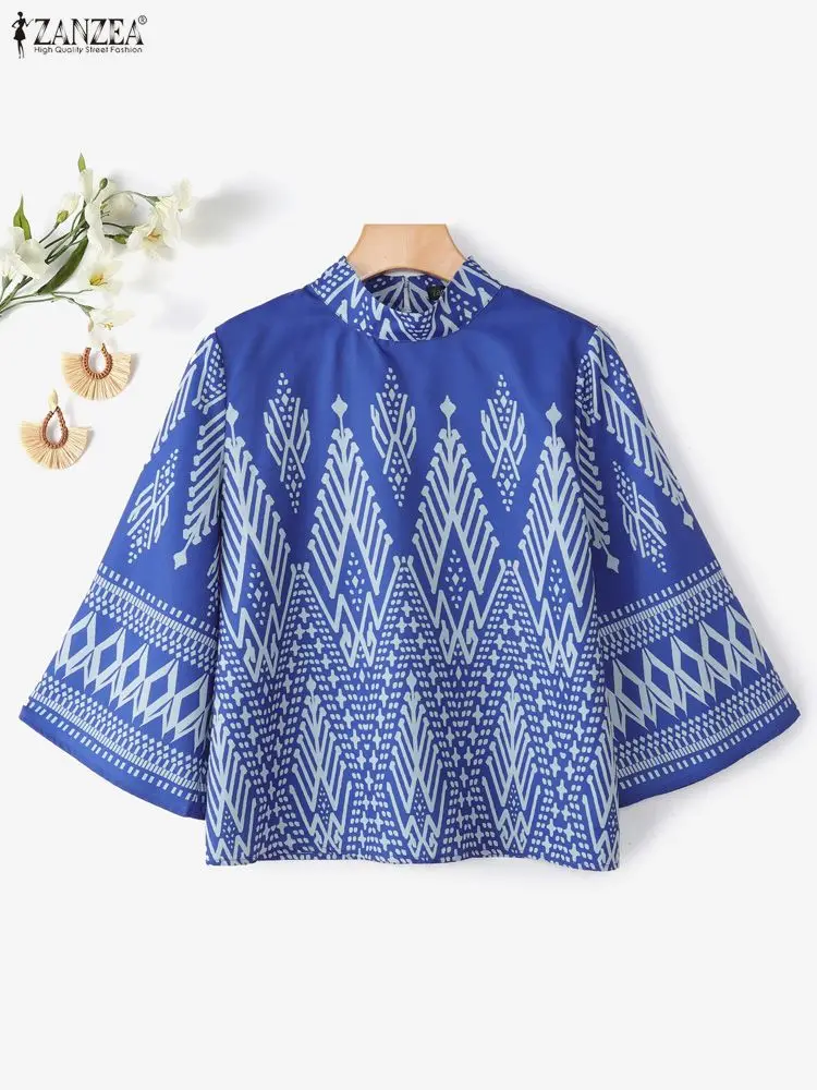 Etniczne bluzki damskie w stylu vintage z nadrukiem, moda wiosenna 2026, stójka, rękawy 3/4 rozszerzane, codzienne topy, odzież damska ZANZEA
