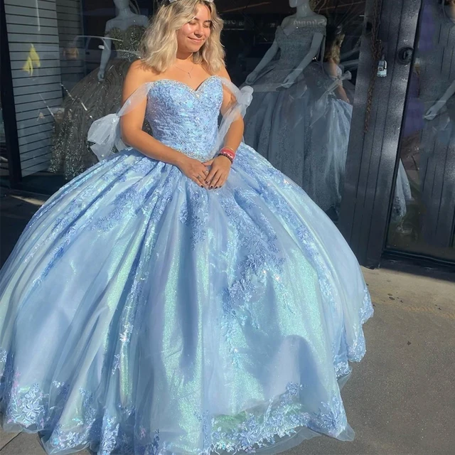 IRIDESCENT Shiny Ball Gown Sky Blue BlingBling Appliques Beaded 15 Year Old Quinceanera Dresses Vestidos De 15 Años Customize