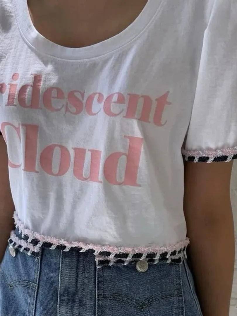 Cseta Informal Estilo Ins para Mujer, Nueva Cseta de Cuello Redondo y Manga Corta con Borde de Encaje y Estampado de Le...