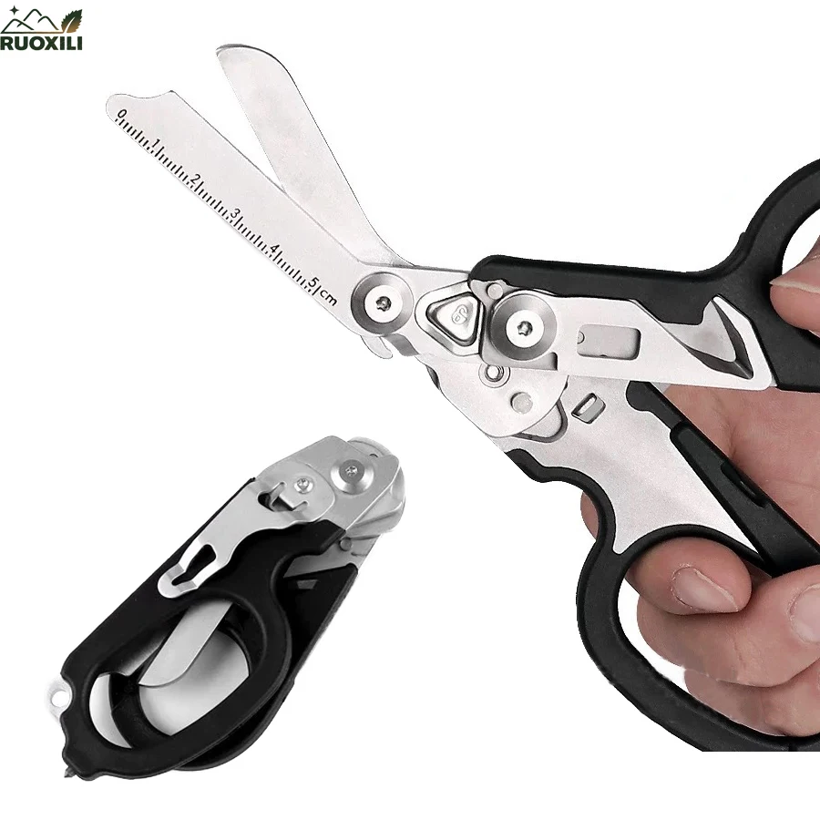 

Multifunction Scissors First Aid with Carbide Glass Breaker,Ring Cutter,Foldable,Stainless Steel Multi-Purpose Scissors