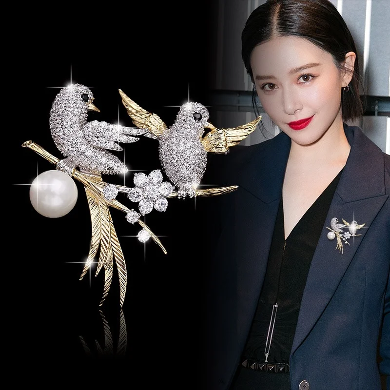 أنيقة سيدة الحيوان بروش الزركون و تقليد اللؤلؤ لطيف الطيور بروش السيدات الملابس الزخرفية بروش مجوهرات #5
