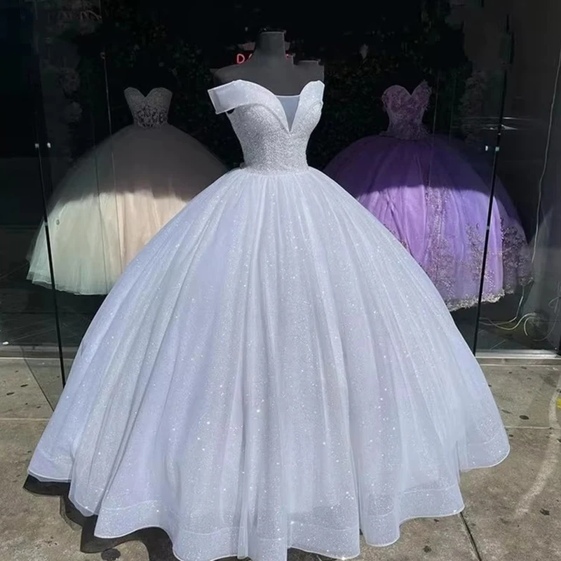 

Quinceanera Dresses Organza With Beading Princess Ball Gown Sparkling Formal Gown Boat Neck V-Neck Customized Junior Prom