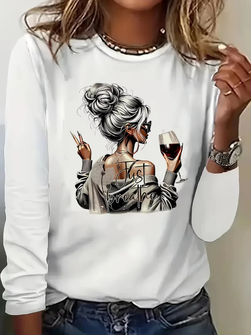 

Streetwear Wine Drink Printed Long Sleeve Shirt Vintage T Shirt Women's Print T-Shirt Crew Neck Top Tee Tshirt Casual