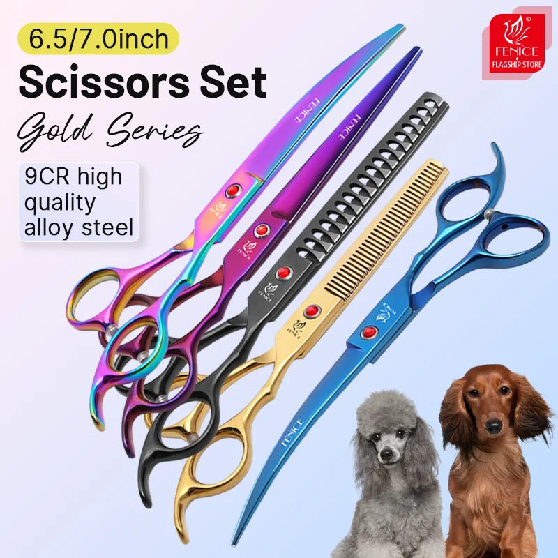 Fenice Classical Model homeuse 9cr steel 6.5/7.0 Inch rainbow&black dog grooming scissors Shears set for household pet owner