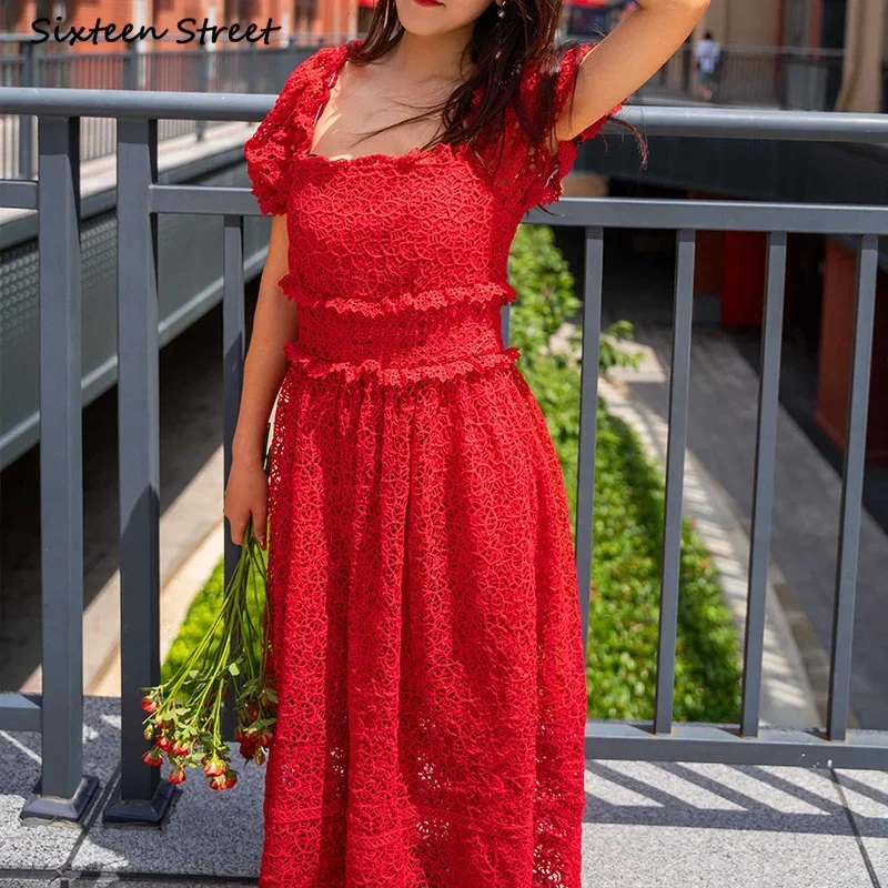 

Red Lace Maxi Dress Women High Waisted Short-sleeve Bodycon Dresses Female Square Neck Hollow Out Runway Long Party vestido Lady