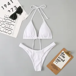 Maillot de bain blanc sexy pour femmes, micro bikini, culotte tanga, ensemble deux pièces, style brésilien, col licou, vêtements de plage, 2024