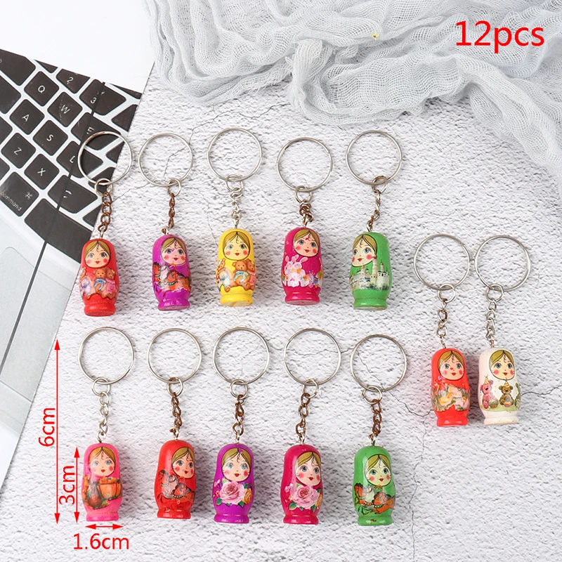 12pcs Matryoshka Russian Dolls Key Rings Drip Wood Keychains Decor Christmas Gift