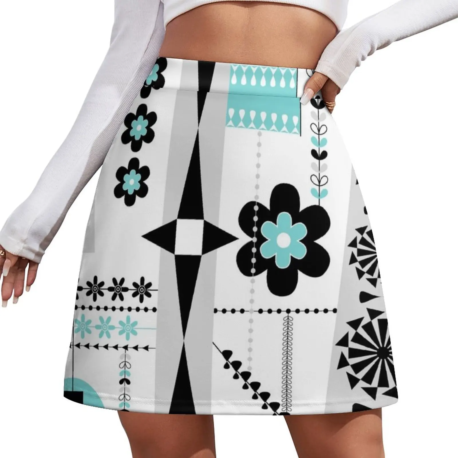 

Funky Mid Century Modern Print - Aqua Black White Gray Mini Skirt cute skirt new in external clothes Mini Skirt
