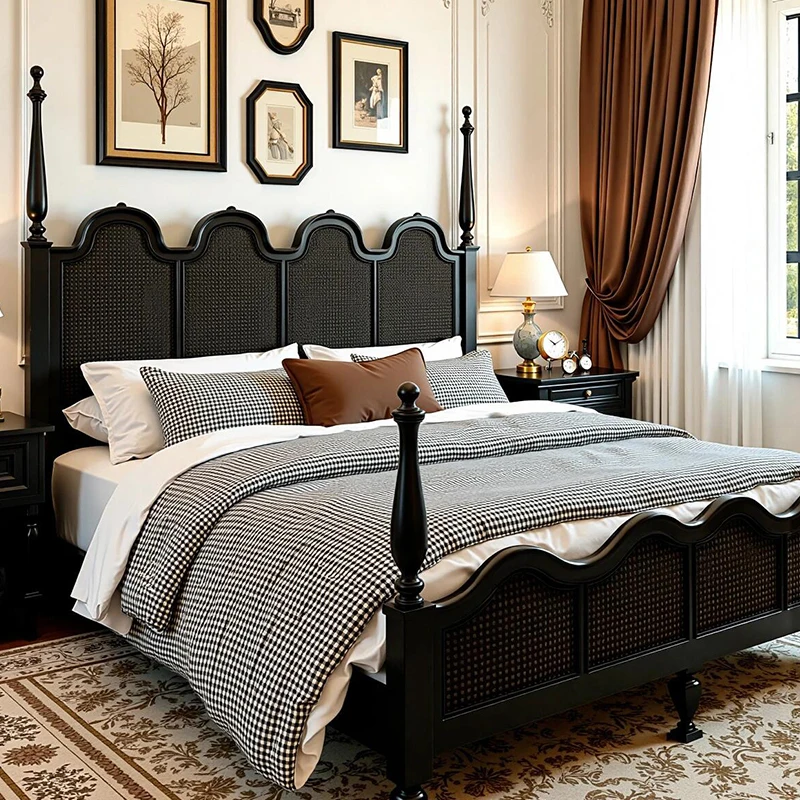 LH medieval solid wood double bed light luxury retro wedding bed bedroom vine bed