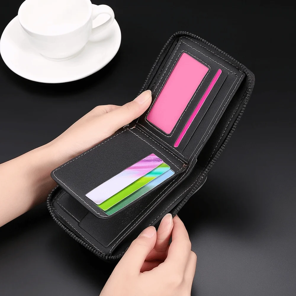 

Portable Multi-position Men's Short Wallet Large Capacity Zipper PU Leather Coin Purse Multi-function Thin Card Holder Daily