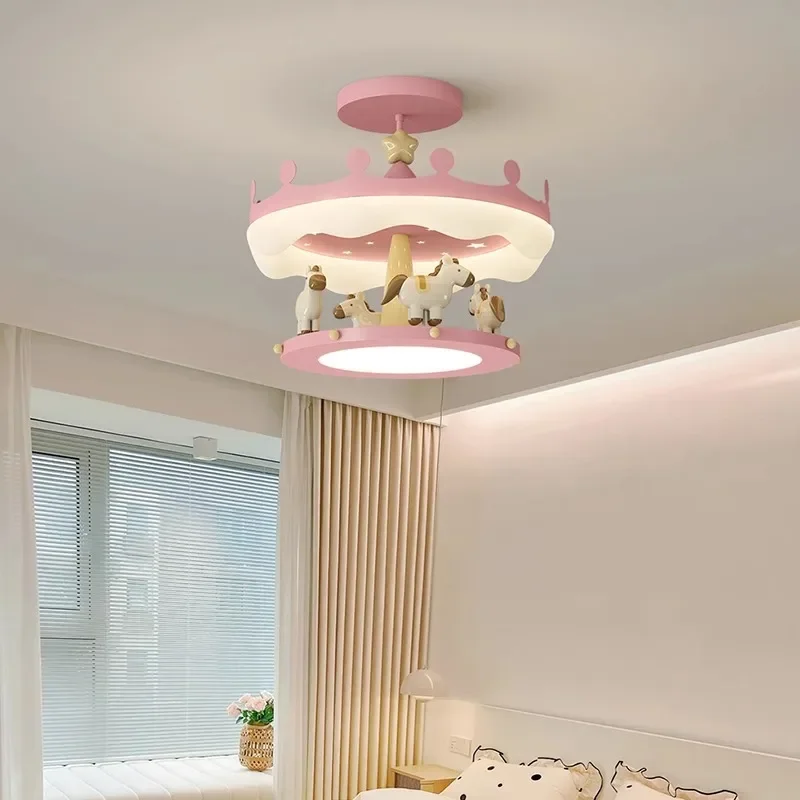 GHJUYIOL Children's room warm and romantic bedroom chandelier cartoon carousel girl princess room lighting fixture