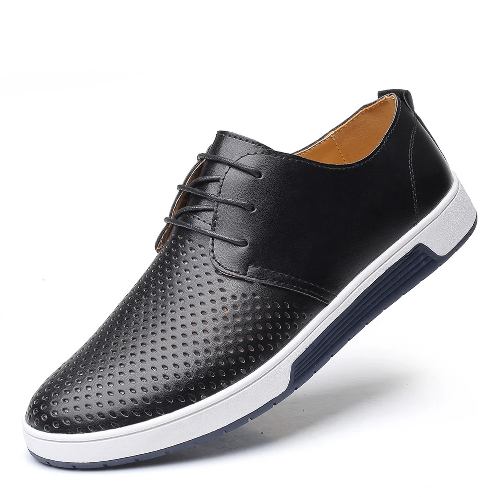 Board Large Hollow Out Perforated Men Genuine Leather Casual Walking Male Shoes Breathable Mesh Summer Lage Fashion