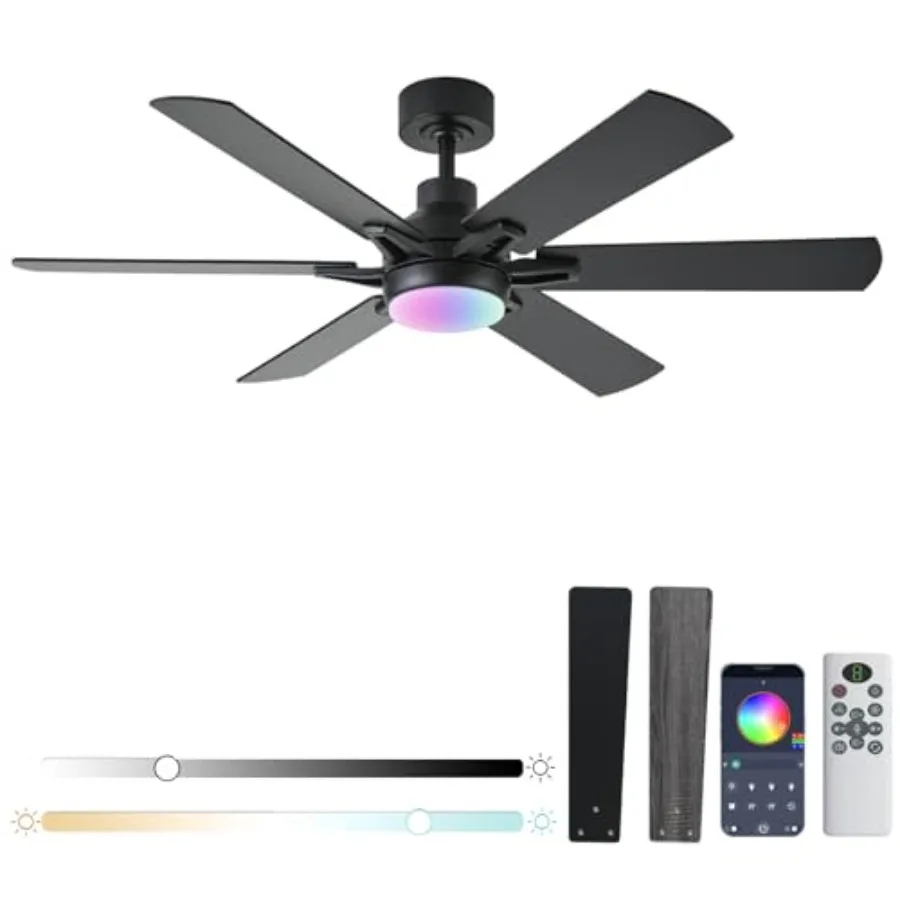 

52in Ceiling Fans with Lights RGB Ceiling Fan with Light and Remote/APP Control, Low Profile Ceiling Fans with Lights for Bedro