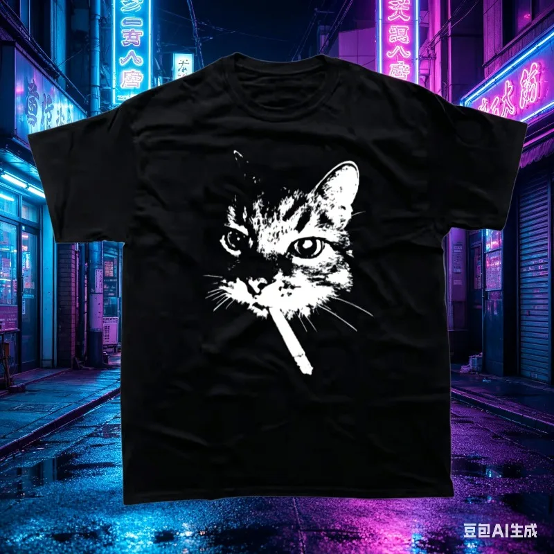 2026 New High-quality American Street Smoking Cat Retro Trendy Personalized Printed T-shirt Men's Windshield Loose Short Sleeves