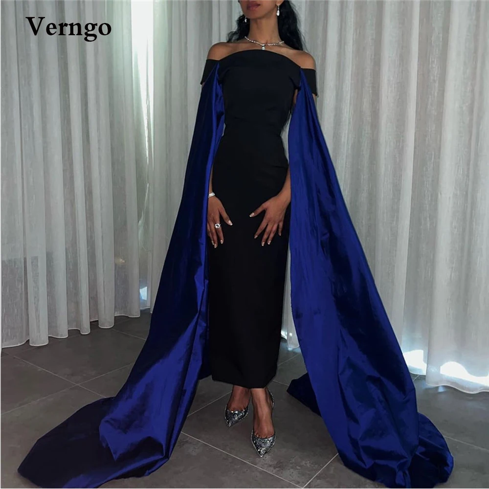 Verngo Schwarz Frauen Abendkleider Weg Von der Schulter Lange Cape Blau Ärmeln Bodenlangen Saudi Arabisch Formale Prom Kleid Kleid