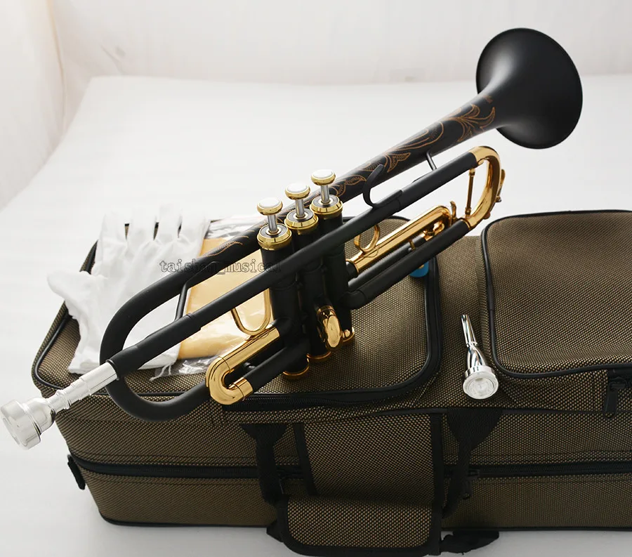 High quality Quality Matt Black Gold Bb Trumpet Monel Valve Full Hand Engraving Bell 2 mouth