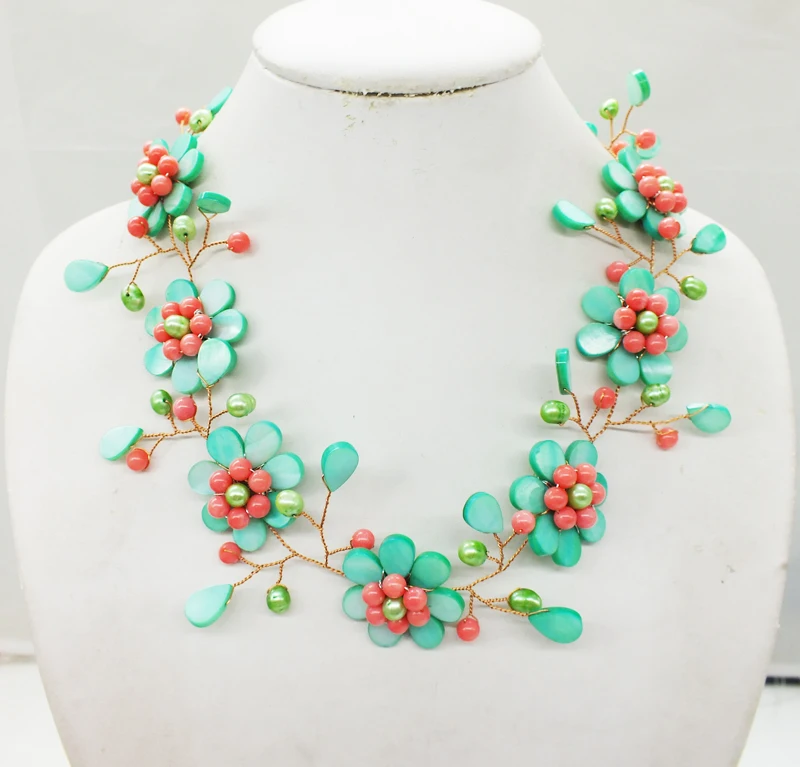 

NO-0290# natural sea shells. Coral and freshwater pearls. Hand-knit flower necklace. Classic woman jewelry