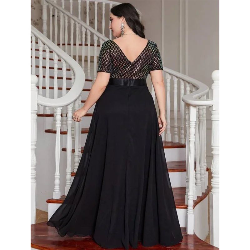 Plus Size V Neck Rhombus Sequin Luxury 4XL5XL Chiffon Dress Party Prom Black 3/4 Sleeve Over Maxi Dress for Party Wedding