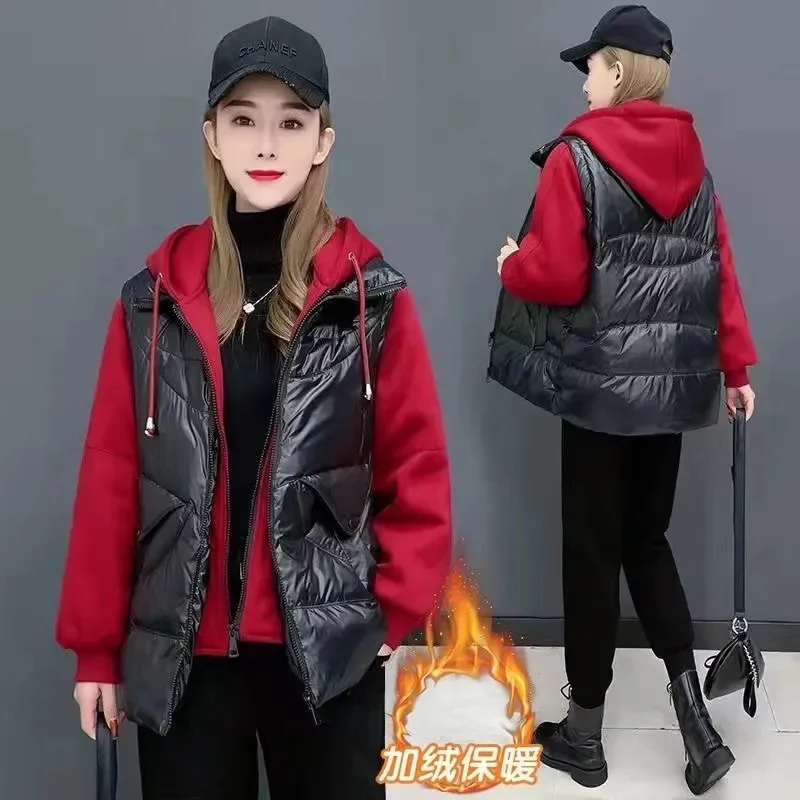 Stitching Down Cotton-Padded Jacket Women Fashion Hoodies Winter Holiday Two-Piece Hooded Cotton Coat Keep Warm Puffer Coats