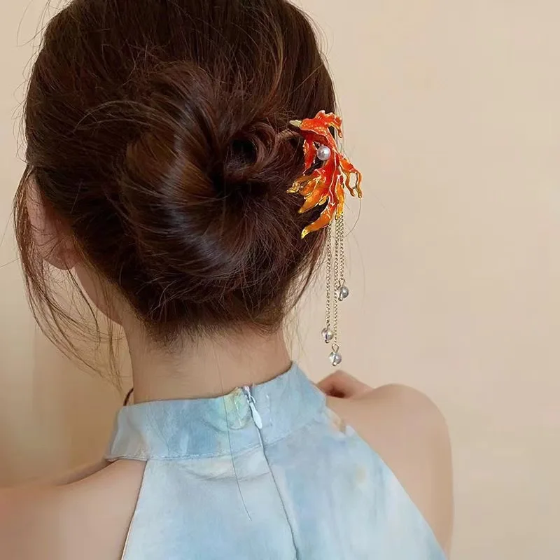 

2pcs U Shape Chinese Style Red Fish Hair Sticks for Women Tassel Beads Hairpin Hanfu Wedding Glitter Jewelry Hair Accessories