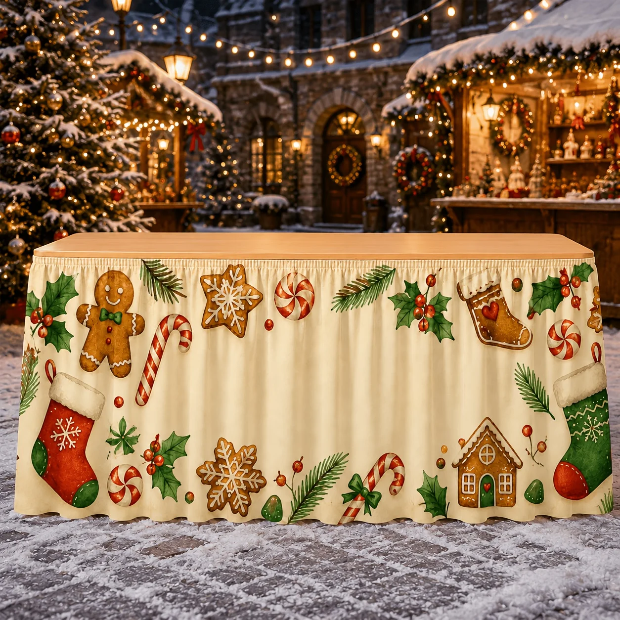 1 piece, send a tablecloth table skirt, retro watercolor gingerbread Christmas table skirt