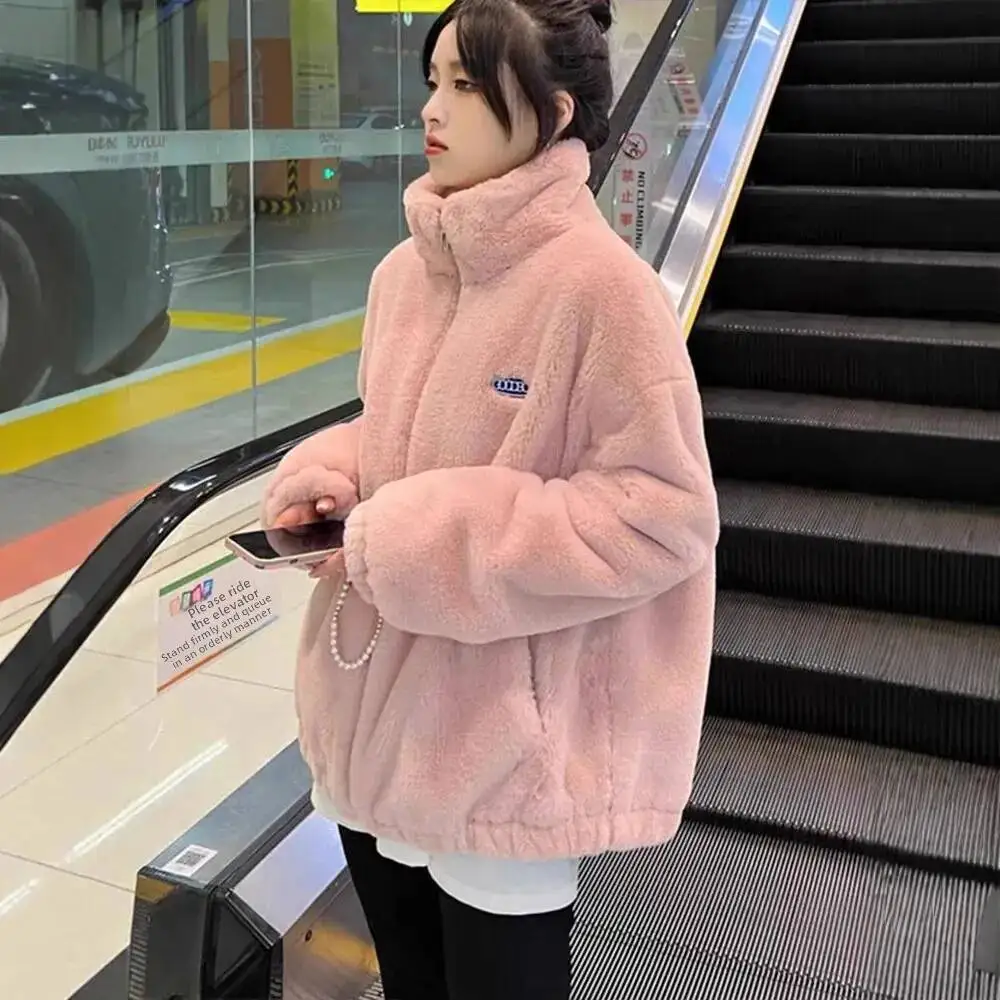 Lamb Fur Jacket Women's Double-Sided Fluffy Thickened Loose Winter Fashion Outerwear Polyester Fiber Stand Collar Full Sleeve