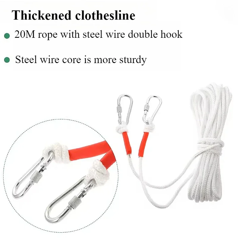 White Clothes 20m Drying Rope with Steel Wire Core Windproof Clothes Drying Rope for Camping Outdoor Thicken 8mm Hanging String
