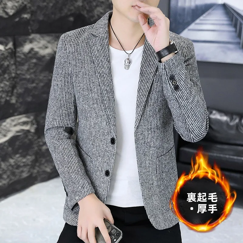 

Men's Fashionable Fleece Lined Thickened Autumn Winter Suit Slim Fit Single Breasted Jacket Urban Style Long Sleeve Color