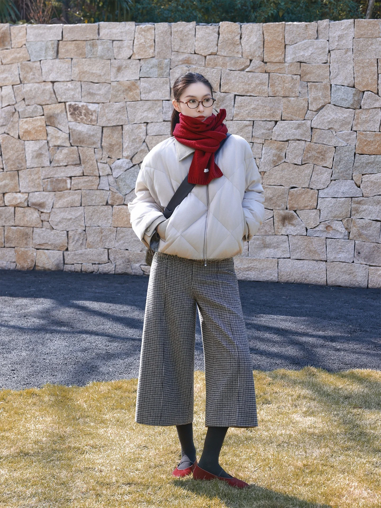 

Jieji Zhang Winter ort Bread Sle Jaet Wool down Coat Rhombus Pattern Women's Casual Loose Fit Warm Polyester Fiber