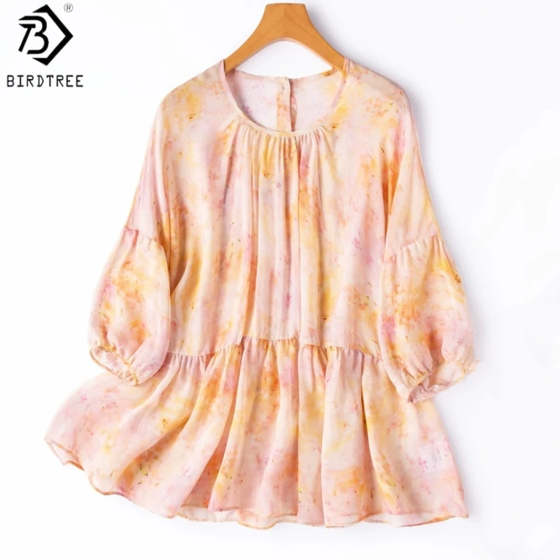 Birdtree, 100% Silk Print Tshirt, 3/4 Sleeve O-neck Smock, Women Sheer Georgette Sun Protection Shirt, 2026 Autumn New T68405JF