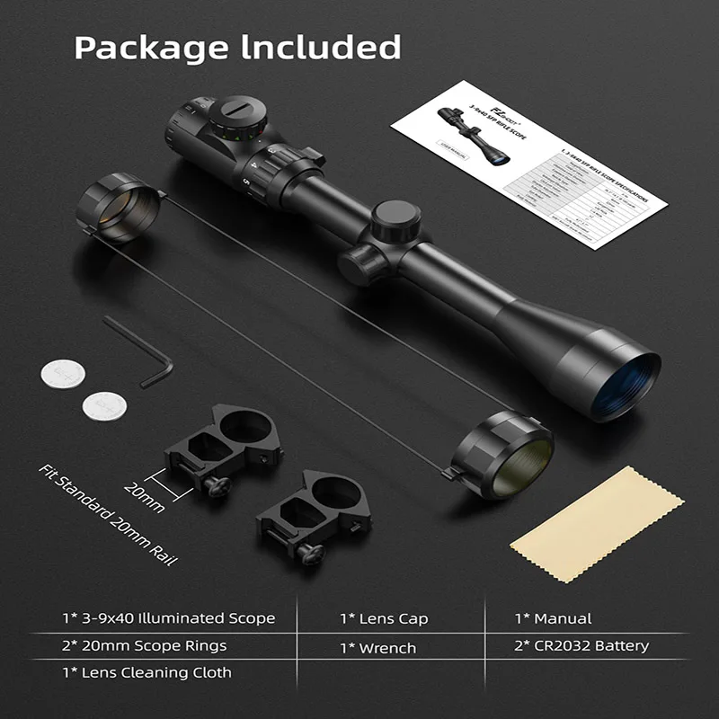 

3-9x40 Rifle Scope Crosshair Reticle Optics Red Green Illuminated Riflescope with 20mm Scope Rings Mounts For Picatinny Rail