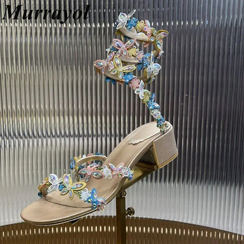 Sandalias Flower Rhinestone Decor Square Heels Women's Ankle Band Snake Shaped Elastic Strap Sandals Summer Dress Shoes Pumps