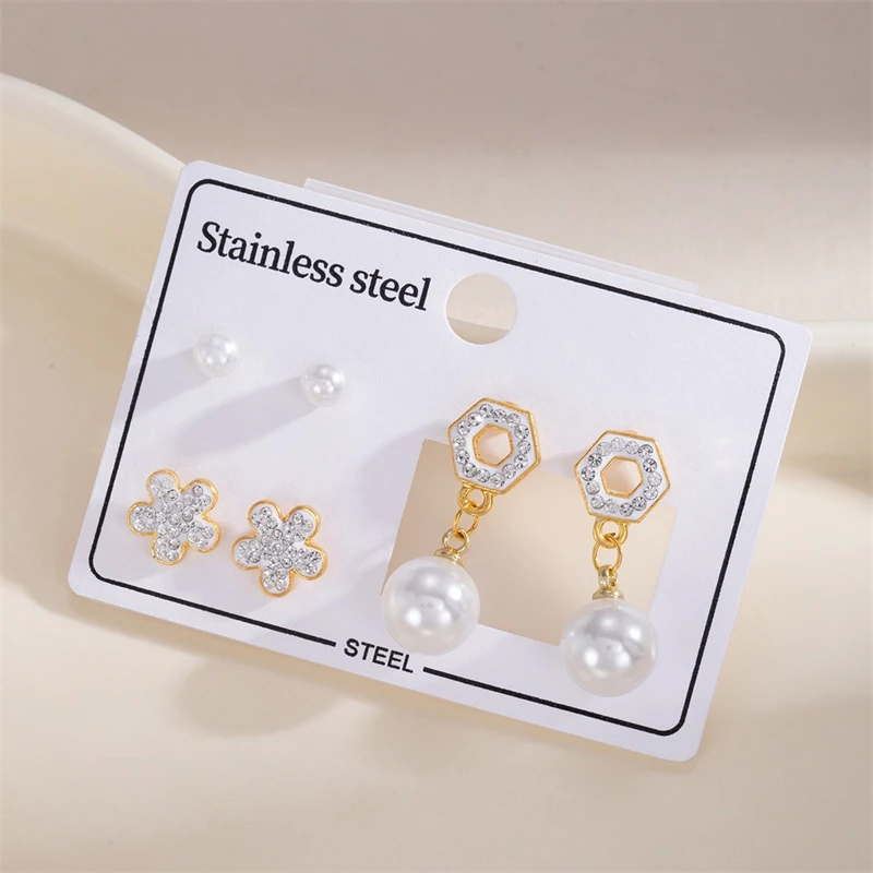 3 Pairs Earring Set Four Leaf Clover Artificial Pearl Stud Earrings Stainless Steel Zircon Eardrop Heart Shaped Pendant Earrings