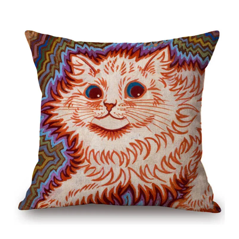 Lovely Cartoon Cute Cat Oil Painting Louis Wain Famous Art Kitten Pet Animation Home Decor Sofa Pillow Case Linen Cushion Cover