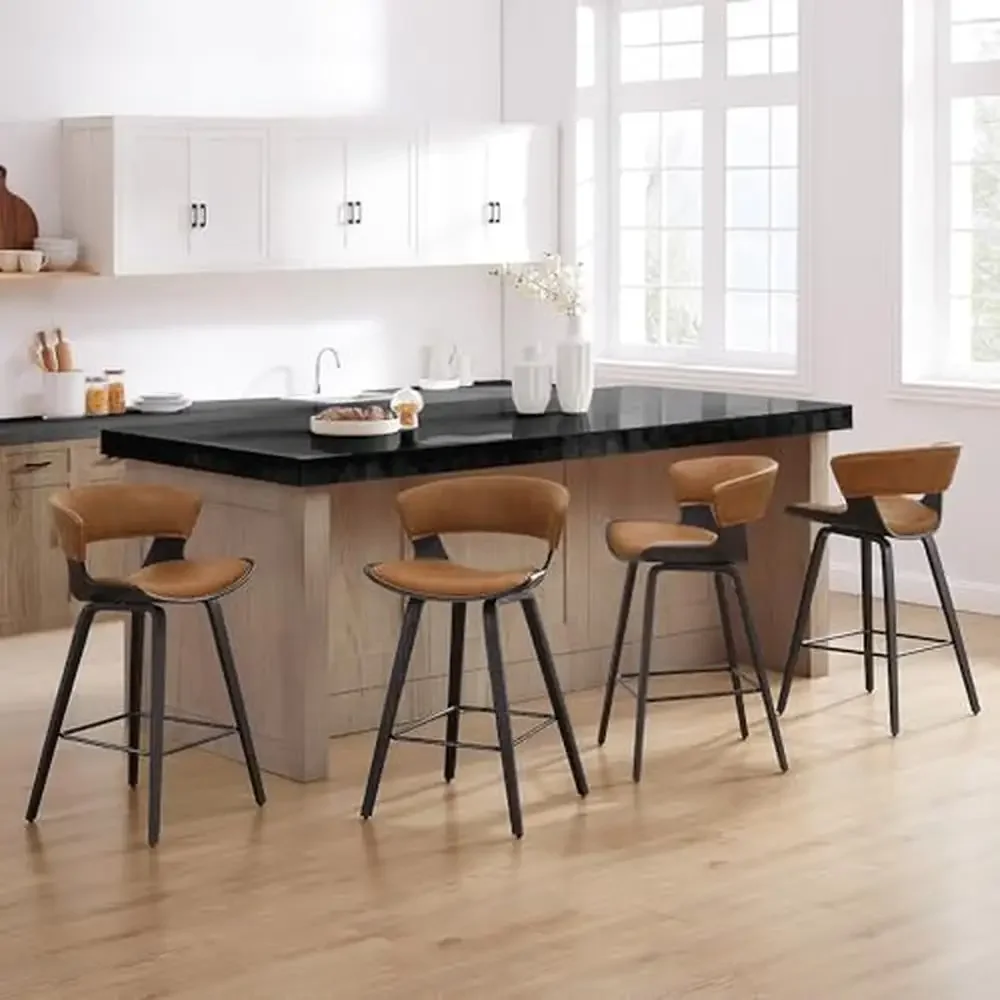 

Modern Leather Bar Stools Set of 4 High Back Counter Height Chair Dining Home Island Kitchen Wood Frame Ergonomic Design Gentle