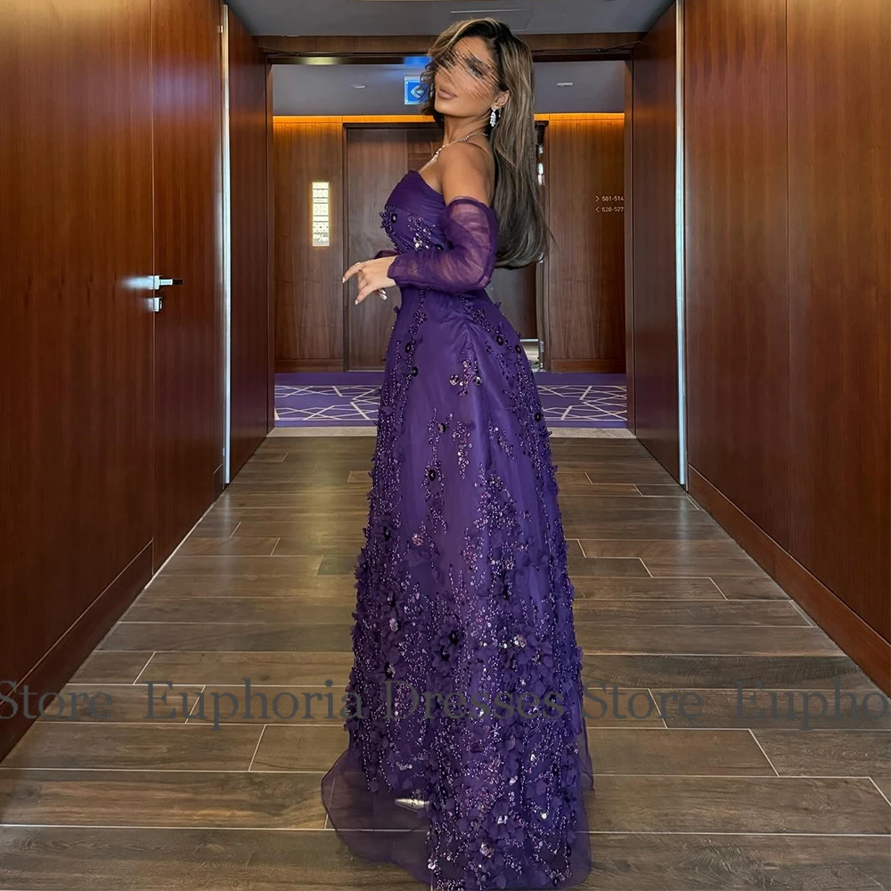 Saudi-Arabien Kleider für besondere Anlässe, Spitze, A-Linie, Promi-Kleid, lila, trägerlos, Perlenapplikation, Ballkleider 2025, lang