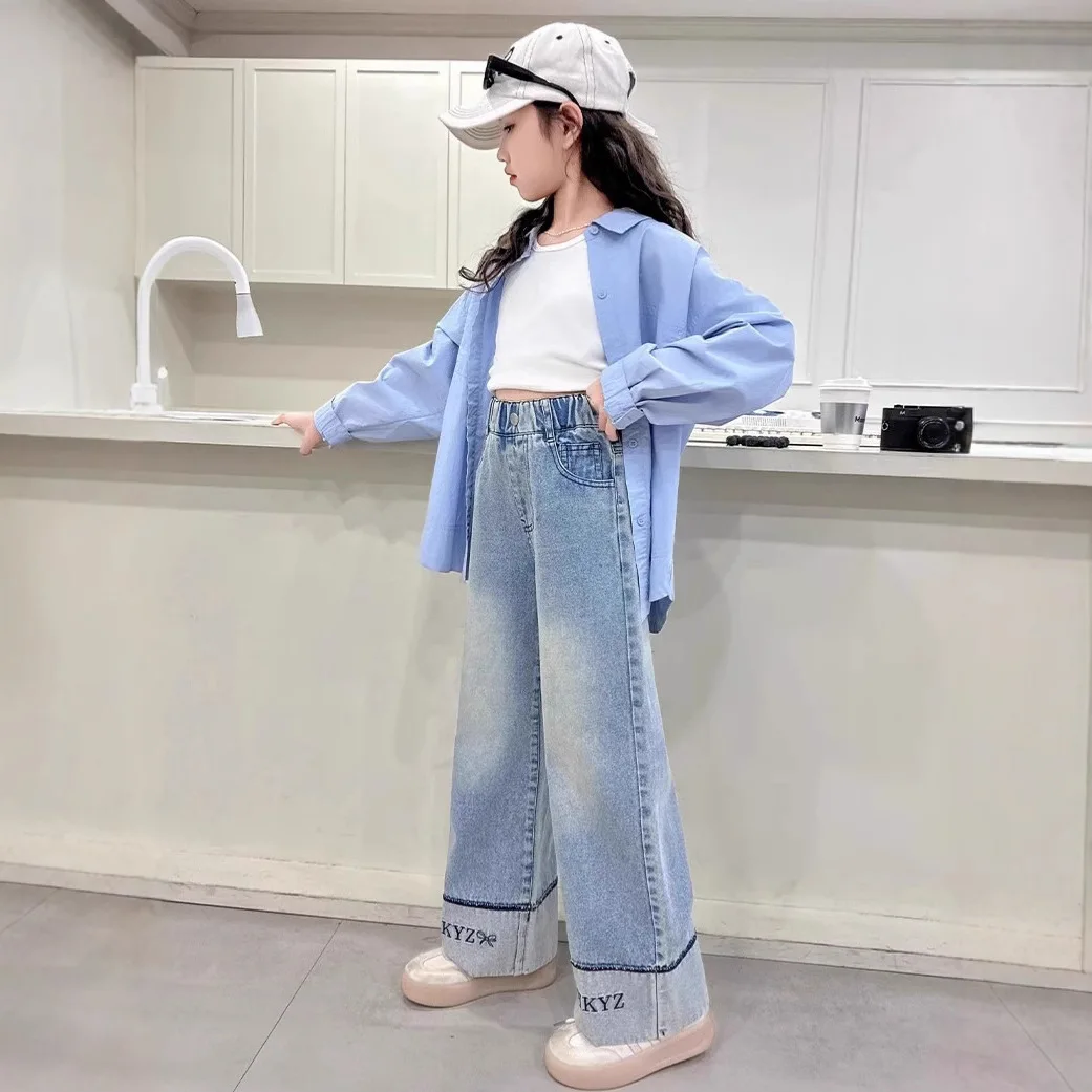 Girls Foot Mouth Letter Embroidered Jeans Straight Leg Pants Fashion Teen Children Foreign Style Loose Wide-leg Trousers