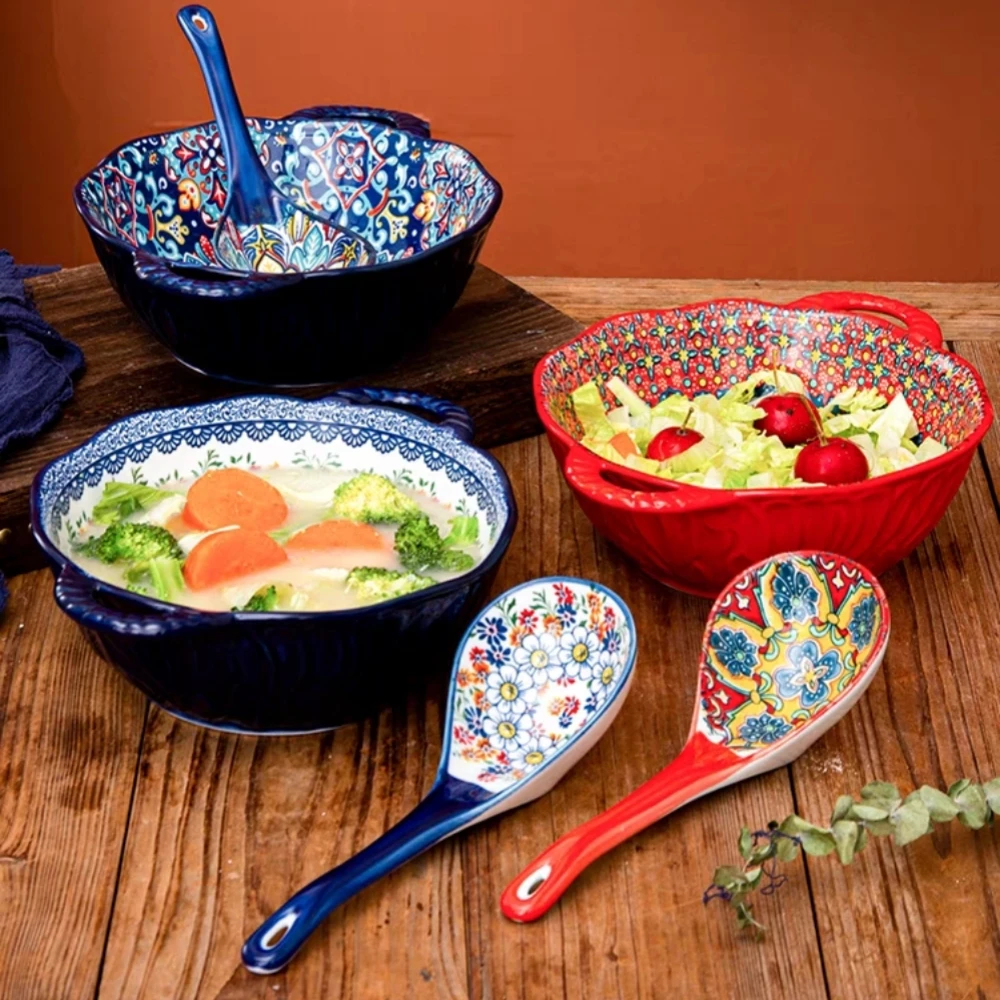 Bohemian Style Ceramic Soup Bowl with Handle Microwave Safe Embossed Design Great for serving soups salads ramen noodles