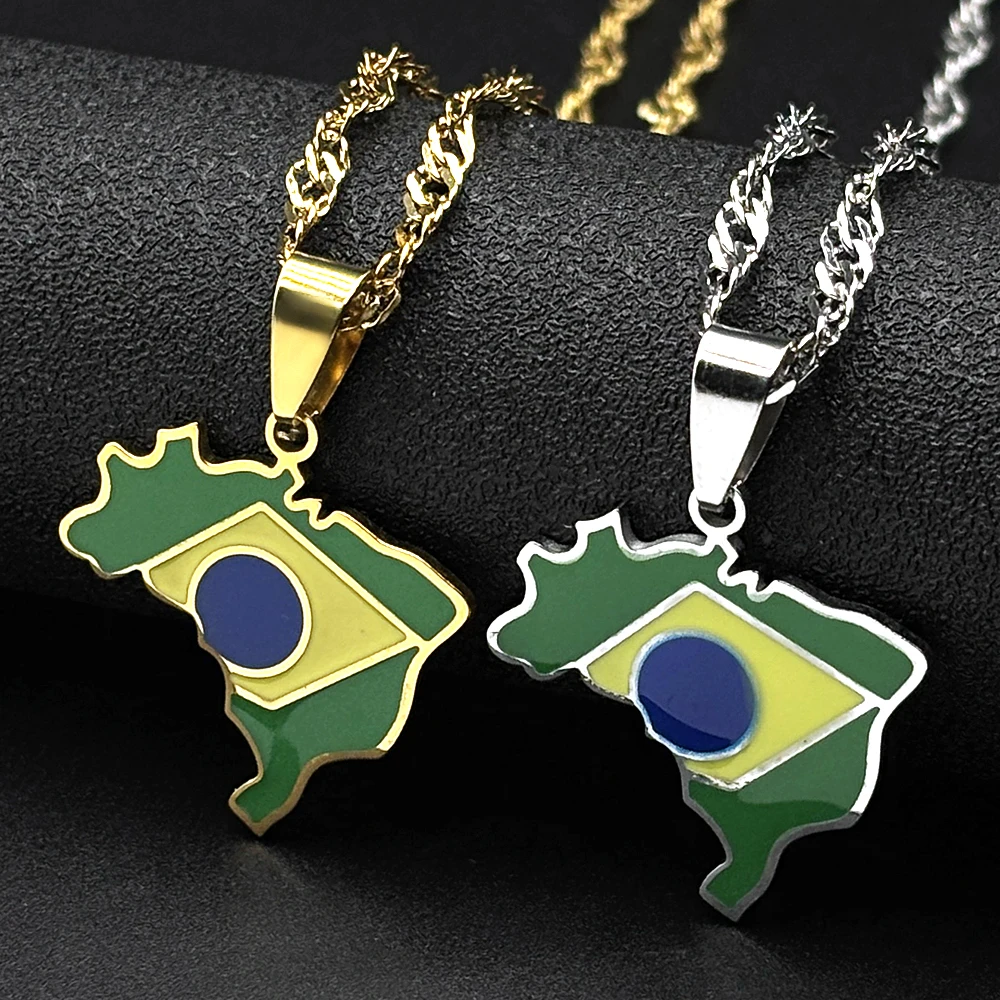 Colar com Pingente Esmaltado de Mapa e Bandeira do Brasil para Mulheres e Homens, Aço Inoxidável Banhado a Ouro, Colares de Geografia Brasileira, Joias