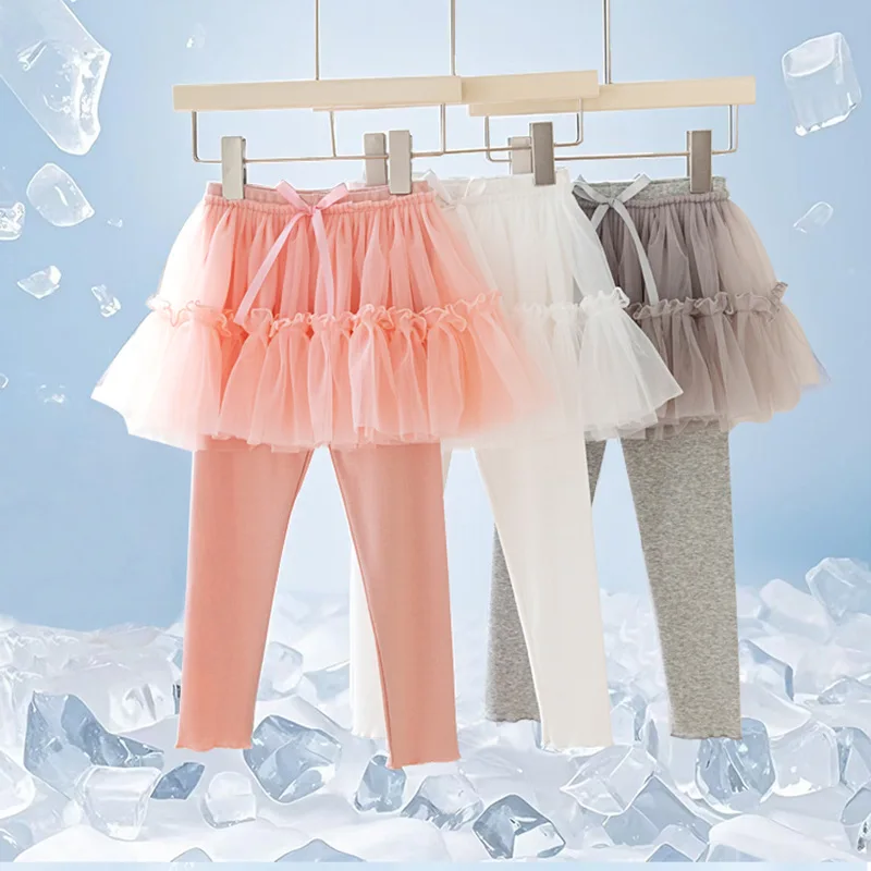 Girls' Legging Pants with with Sheer Mesh Lace Skirt Ultra Breathable Summer Kids Pants  False Two-Piece Design High Elastic