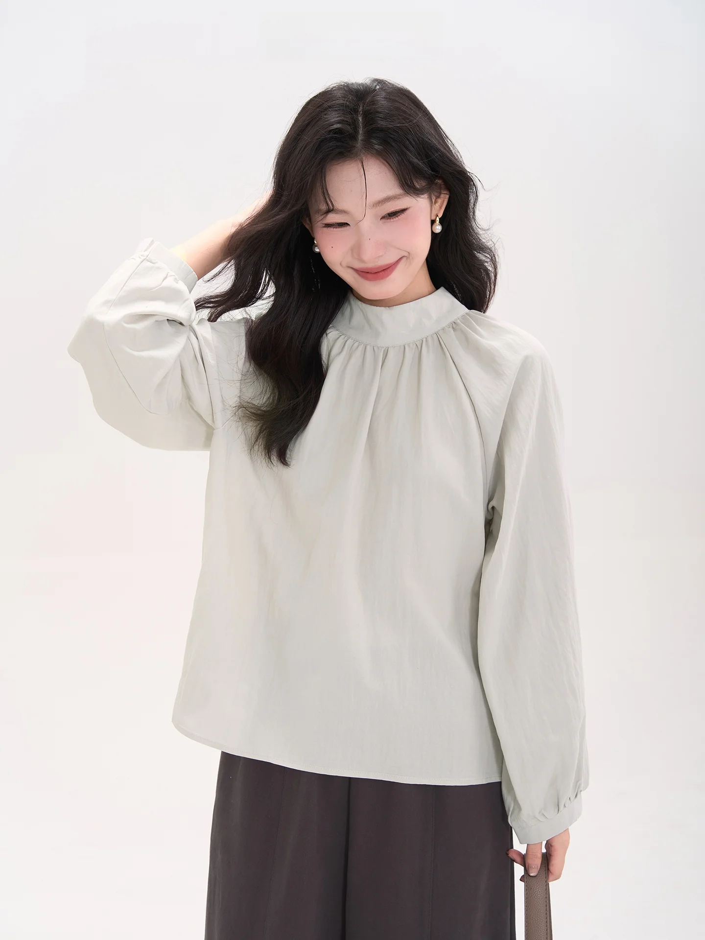 

Heme Korean Sle Long Sve Stand Collar Pleated irt Women's Faionable Anti-Aging Top Spring Autumn Seasonal New Arrival