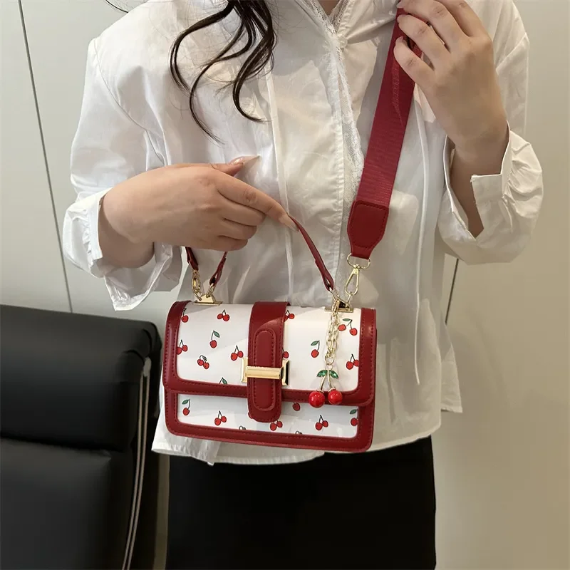 Cherry Printed Messenger Bag Cute Splicing Design Contrasting Color Fresh Style Simple Handbag Shoulder Bag for Women Girls view 4