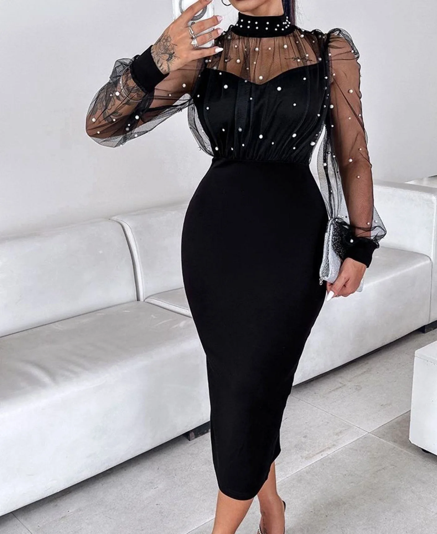 AsaNagi Mode Schwarz Rollkragen Abendkleid Frauen Perle Langarm Party Abendkleider Tee Länge Saudi Formelle Anlässe Kleid