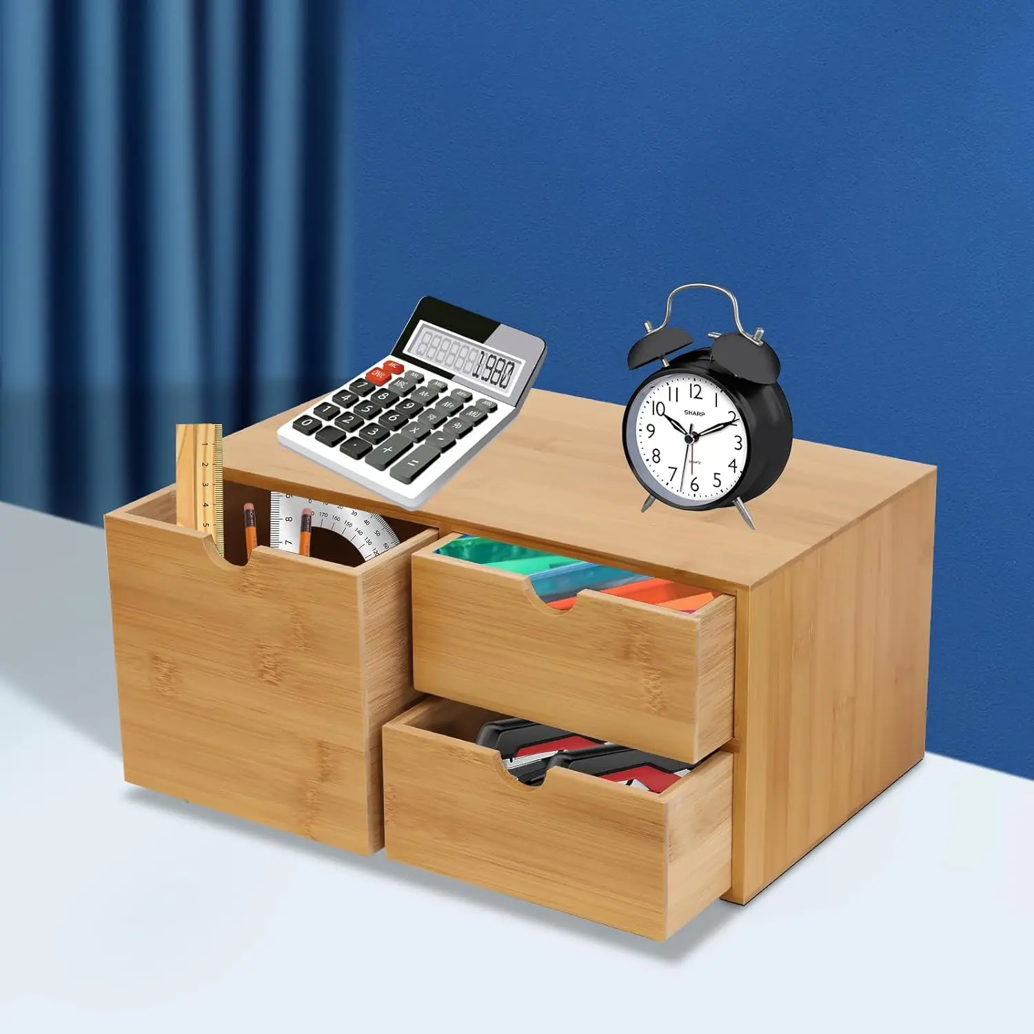 

Desk Organiser, Bamboo Desktop Storage Box with 3 Drawers, Small Office Shelves for Home and Office, 33 x 19 x 16 cm