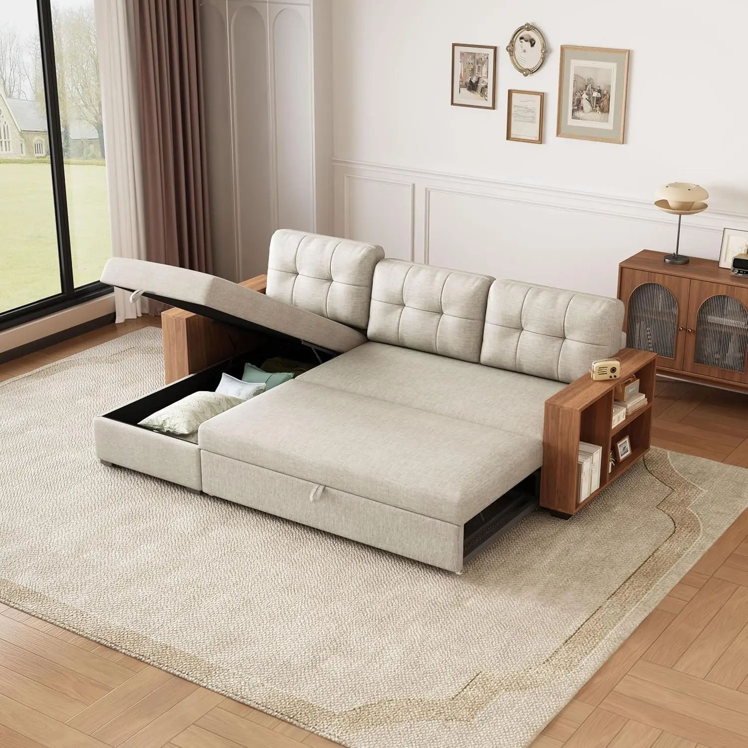 Pull Out Couch with Storage Chaise and Armrests,Convertible Sectional Sleeper Sofa Bed W/Removable Back Cushions