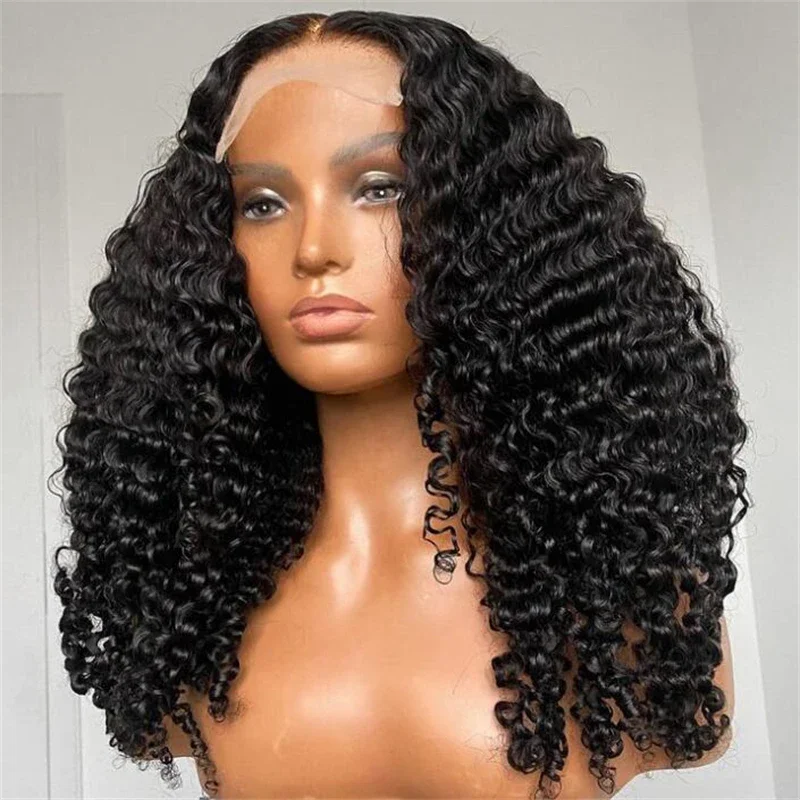 Color negro 26 pulgadas 180 densidad prearrancado suave rizado largo Natural línea de cabello peluca con malla frontal para mujeres negras pelo de bebé